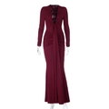 Detail of burgundy evening gown with deep U-neck and elegant draped tassel front - S / Burgundy