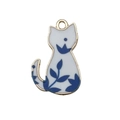 White enamel cat pendant with blue floral patterns and golden alloy frame for DIY jewelry - Blue Floral Pattern Cat (18950)