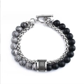 Detail of bohemian double-strand bracelet with matte natural stones and T-bar toggle clasp - Black White Grey Natural Stone (113403)