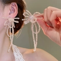 Pink crystal bow earrings with long beaded tassels in a sweet, elegant style - Transparent Beaded Bow Long Tassel (49# Pink)
