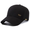 Black cotton baseball cap with golden Sports Style metal logo and side emblem detail - Metal Label Sports Black