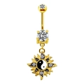 Detailed view of gold belly button ring with sun pendant and ying yang symbol - Gold Black & White Yin Yang Sun