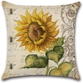 Vintage-Kissenbezug aus Leinen mit handgezeichnetem Sonnenblumenmuster und Bienen-Design - 45x45cm / Vintage-Sonnenblume