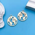 Gold hollow globe charm pendants with Earth map design on a bright blue background - 1pc KC Gold Round Hollow World Map 18x21mm