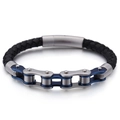 Men's leather bracelet with blue and silver stainless steel chain and magnetic clasp - Blue Silver
