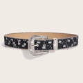 Vintage black denim belt with silver rhinestones and studded buckle for women dress - Black