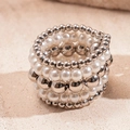 Multi-layer silver bead and faux pearl layered open ring with a minimalist aesthetic - Five-Layer Beaded Style / White