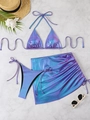 Detailansicht eines 3-teiligen lila Bikini-Sets mit Tunnelzug-Schwimmrock und Muscheldekor - S / Lila