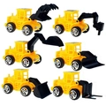 Six-piece set of yellow toy construction trucks including excavator and bulldozer for kids - 6-Piece Plastic Construction Vehicle Set