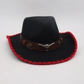 Black felt cowboy hat with red crochet trim and silver bull head leather band - One Size / Black Red Edge (Brown Bull Head)