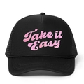 Black trucker hat with pink Take It Easy embroidery and breathable mesh back - One Size / Black/Pink Logo
