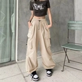 Women's vintage beige cargo pants with drawstring waist and functional side pockets - S / Apricot