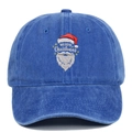 Detail of Santa embroidery and Merry Christmas text on washed blue baseball cap - Sapphire Blue