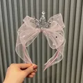 Serre-tête nœud en tulle rose à pois avec couronne argentée brillante pour fille - Rose Clair