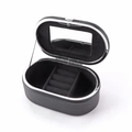 Portable oval black PU leather jewelry box with built-in mirror and ring storage - Black