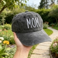 Washed dark grey cotton baseball cap with 3D white MOM embroidery for women - M (56-58cm) / Fine Embroidered MOM-Black
