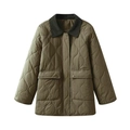 Detail of olive green quilted jacket featuring corduroy collar and large symmetrical pockets - XS / Army Green