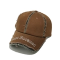 Detail of distressed cotton baseball cap with raw edges, embroidery, and camo trim - M (56-58cm) / Brown