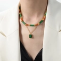 Double-layered beaded necklace with a square emerald pendant and colorful natural stones - Gold Double Layer Necklace (P316)