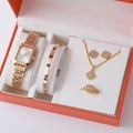 Women's gold quartz watch set with matching love bracelet, necklace and ring in gift box - Gold Clear Square Diamond Letter Bangle Set (A8)