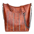 Brown vintage PU leather shoulder bag with silver rivets and metal chain handle - Style 4 / Brown