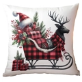 Housse de coussin de Noël avec traîneau à carreaux rouges et motif de renne noir - 45*45cm Peluche Courte Simple Face Sans Coeur / CRD16-11 (Traîneau à Renne à Carreaux)