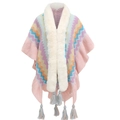 Detail of pink knitted shawl featuring colorful wave patterns, white faux fur collar and tassels - Pink Multicolor (12#)