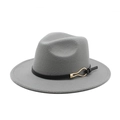 Detail of light gray wool felt fedora hat featuring a slim black leather band and gold buckle - M (56-58cm) / Gray