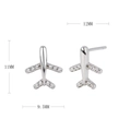 Detailed view of silver airplane stud earrings with zircon inlay showing dimensions - 925 Silver White Gold Plated
