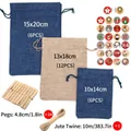Christmas advent calendar kit with 24 linen drawstring bags, wooden clips, and hemp rope - Multi-Size Jute Bag Set