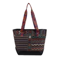 Ethnic bohemian tote bag in colorful woven fabric with black leather trim detail - Striped Black