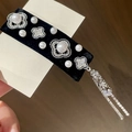 Vintage black velvet hair clip with sparkling rhinestone clovers and pearl chain tassel - Pearl Rhinestone Tassel Black Velvet BB Clip