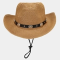 Classic straw sun hat with black leather band and silver studs on white background - Khaki