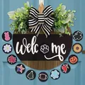 Interchangeable welcome door sign with 12 seasonal icons and black striped bow - Black Interchangeable Set (Flat)