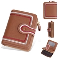 Brown women's short leather wallet with red and white V-stitch embroidery and zipper - Brown