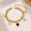 Double-layer gold plated stainless steel bracelet with Roman numerals and shell charms - Gold
