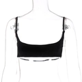 Detail view of black cropped camisole with thin straps and ribbed knit fabric texture - M / Black