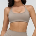 Completo reggiseno sportivo allacciato al collo e pantaloni yoga a vita alta marroni - L / Lino