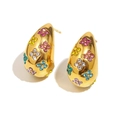 Exaggerated 18K gold plated stainless steel flower stud earrings with colorful rhinestones - Hollow Colorful Rhinestone Flower Stud Earrings (Gold Multicolor)