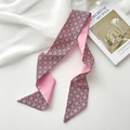 Pink satin skinny scarf featuring vintage red geometric chain pattern for hair and bags - Chain Plaid Pink