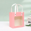 Pink gift paper bag with clear window, white ribbon handles, and gold memory text - Kraft Paper Flat Handle / Small 14.5*8*16.5cm / Pink