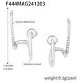 Silver stainless steel ear cuff with Czech diamonds and elegant curved lines - Steel Color Zirconia Earrings / Steel