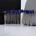 Detailed close-up of handmade hair comb with natural blue crystal stones and silver tines - Lapis Lazuli + 20-Tooth Silver Comb