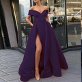 Detail of dark purple off-shoulder satin evening gown with a high slit and V-neckline - US size 2 (S) / Deep purple
