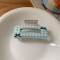 Blue and white plaid hair claw clip with black bow prints and pink stripe handle detail - Blue White Gingham Rectangle