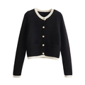 Dettaglio dei bordi a contrasto e dei bottoni dorati sul cardigan in maglia nero - S / Nero con finiture bianche