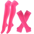 Bright pink knit set including over-the-knee socks and matching fingerless long gloves - One Size / Pure Rose Red