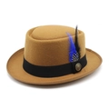 Close-up of brown wool pork pie hat featuring black ribbon and blue spotted feather - M(56-58cm) / Khaki