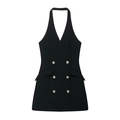 Vestido blazer corto negro con cuello halter y botones de doble botonadura elegantes - XS / Negro