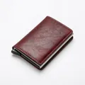 Automatic pop-up RFID credit card holder in premium burgundy lychee pattern leather - Red